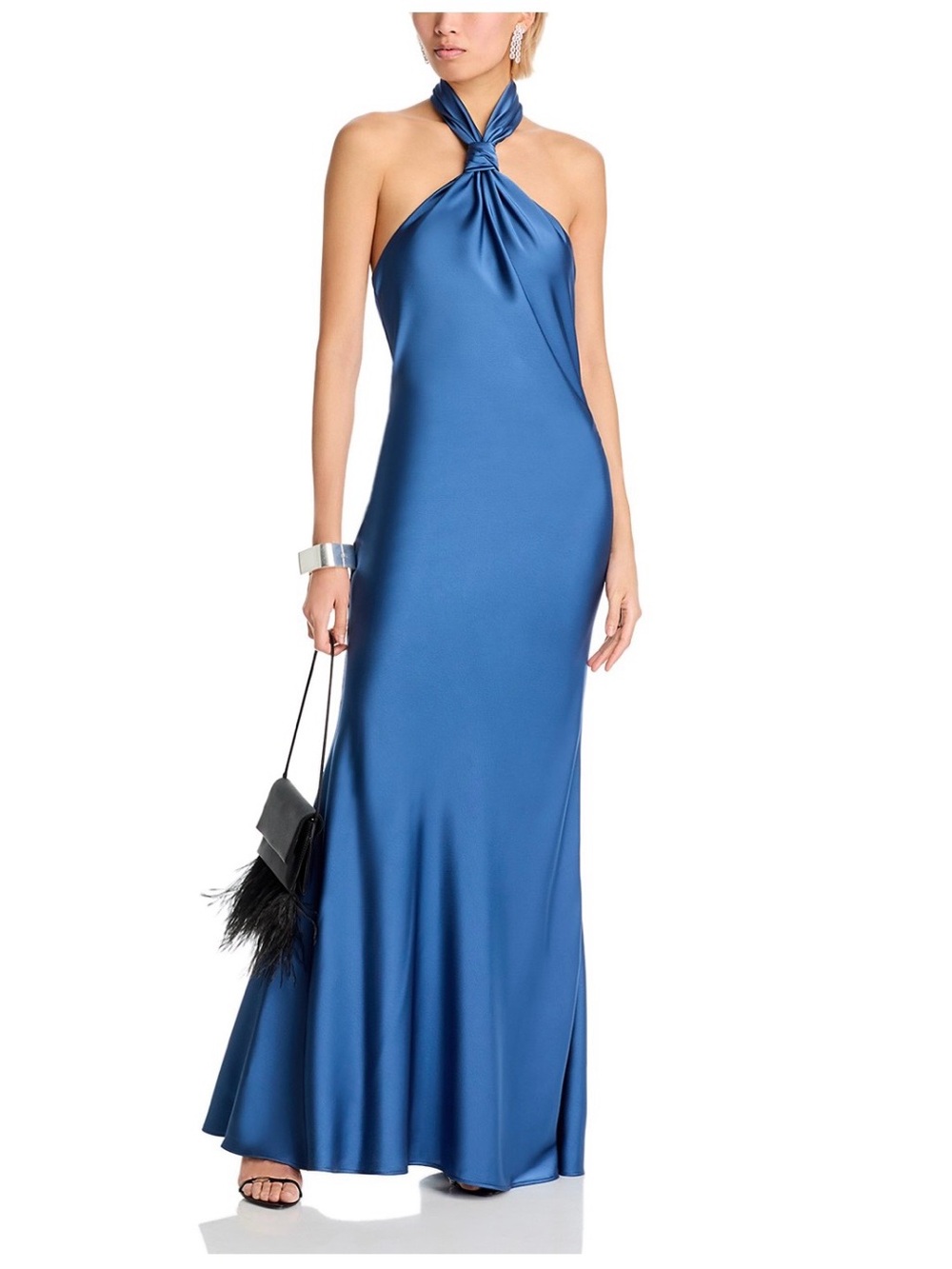Aqua Blue Satin Halter Maxi Dress
